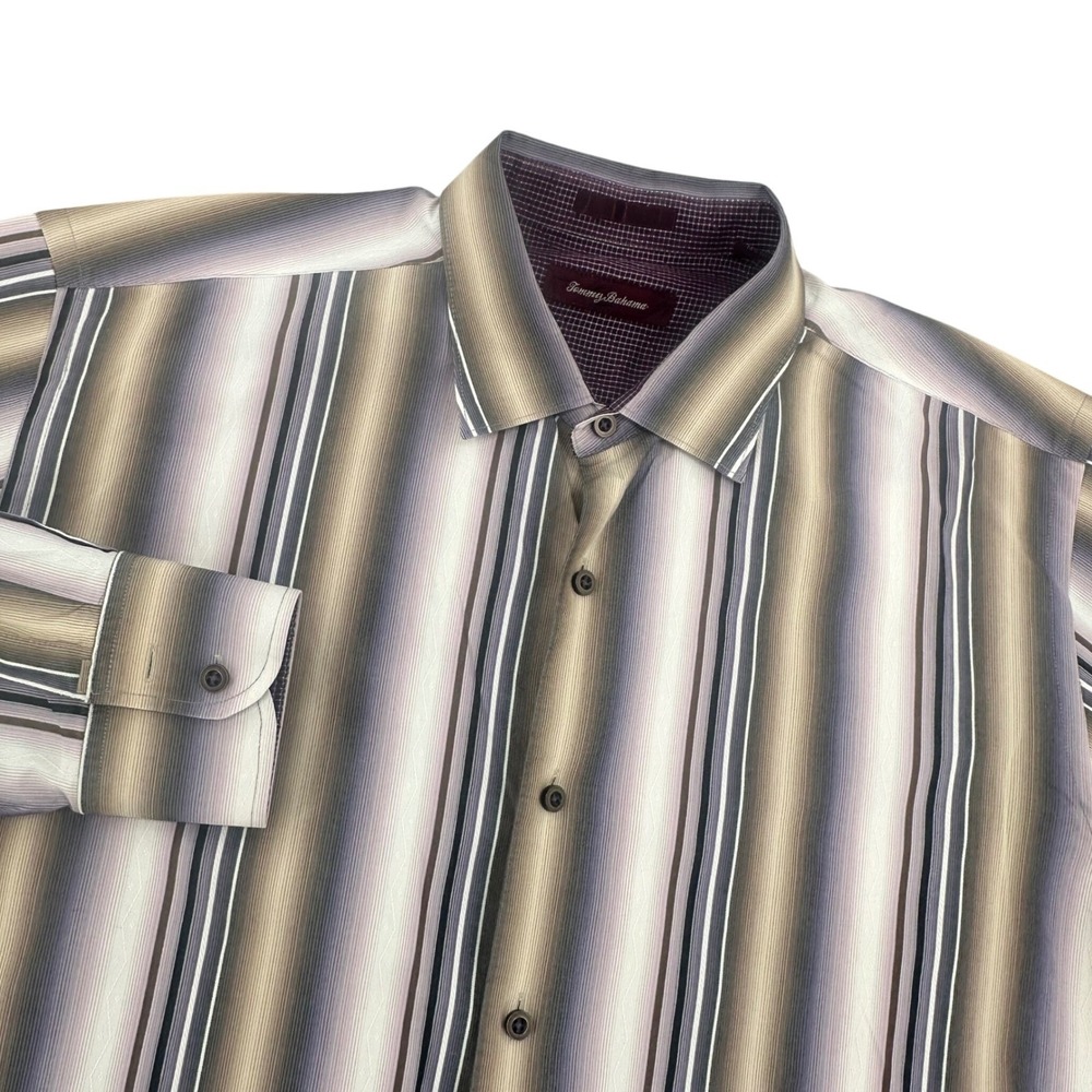 Tommy Bahama‎ Mens XL Silk Cotton Purple Striped Long Sleeve Button Up Shirt